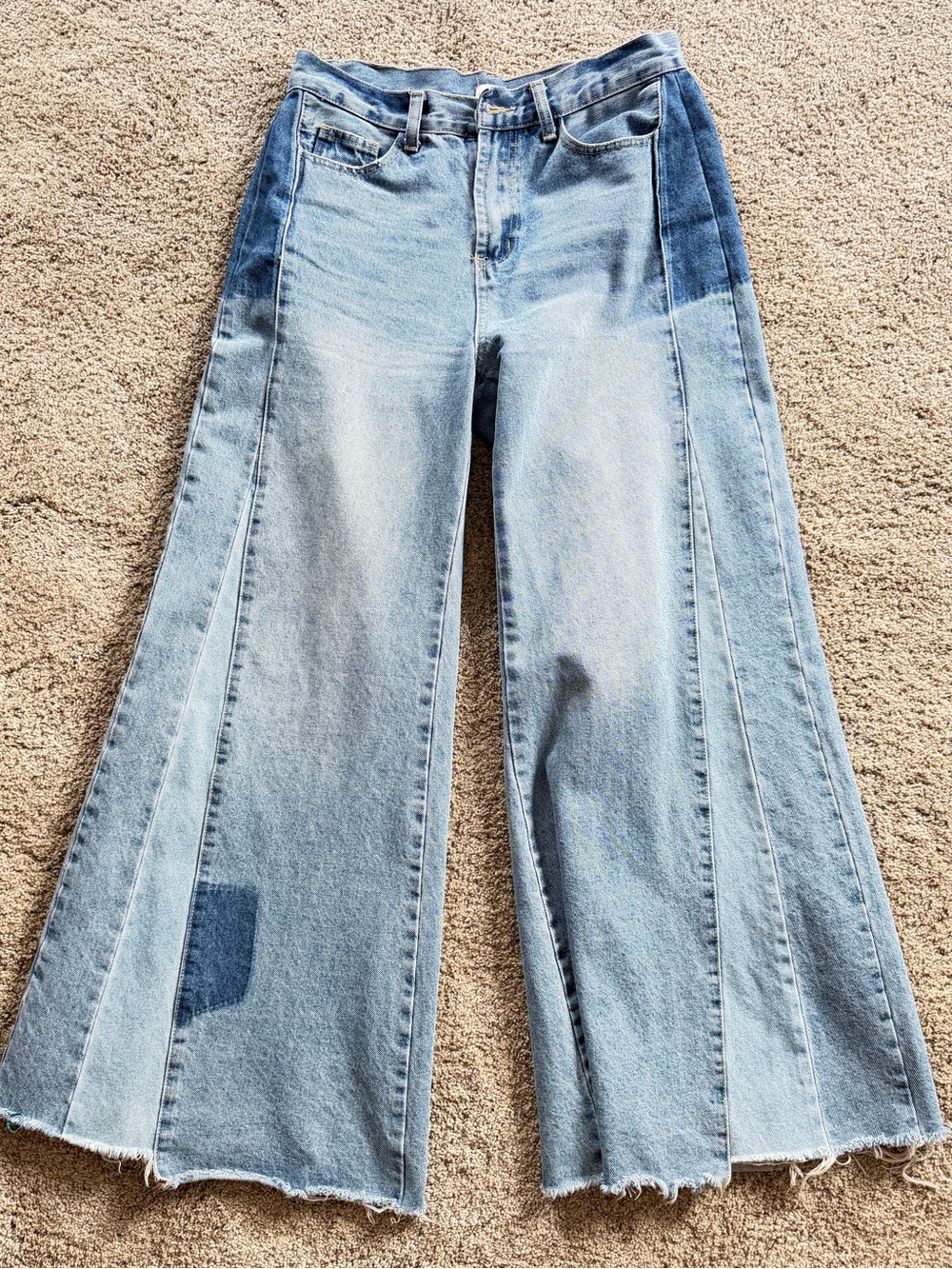 Patchwork Light Blue Wide-Leg Flare Jeans